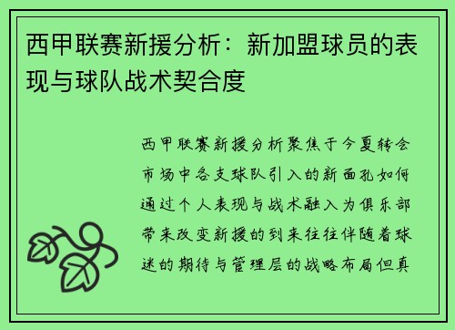 西甲联赛新援分析：新加盟球员的表现与球队战术契合度