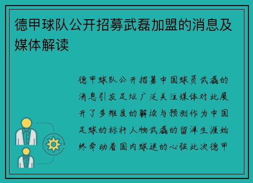 德甲球队公开招募武磊加盟的消息及媒体解读